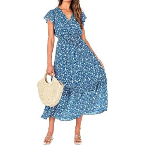 BTFBM Women Summer Bohemian Floral Casual Wrap V Neck Ruffle Cap Sleeveless Belt A-Line Pleated Hem Midi Sun Dress White(Floral White Blue)