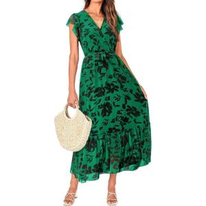 BTFBM Women Summer Bohemian Floral Casual Wrap V Neck Ruffle Cap Sleeveless Belt A-Line Pleated Hem Midi Sun Dress White(Green Big Floral)