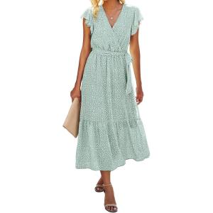 BTFBM Women Summer Bohemian Floral Casual Wrap V Neck Ruffle Cap Sleeveless Belt A-Line Pleated Hem Midi Sun Dress White(Light Green)