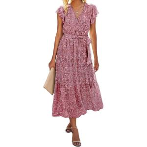 BTFBM Women Summer Bohemian Floral Casual Wrap V Neck Ruffle Cap Sleeveless Belt A-Line Pleated Hem Midi Sun Dress White(Red)