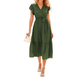 BTFBM Women Summer Bohemian Floral Casual Wrap V Neck Ruffle Cap Sleeveless Belt A-Line Pleated Hem Midi Sun Dress White(Solid Army Green)
