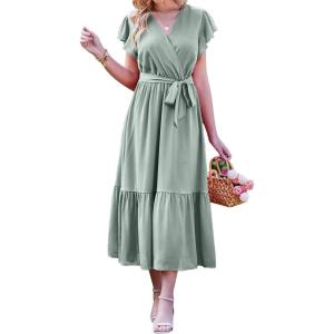 BTFBM Women Summer Bohemian Floral Casual Wrap V Neck Ruffle Cap Sleeveless Belt A-Line Pleated Hem Midi Sun Dress White(Solid Green)