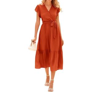 BTFBM Women Summer Bohemian Floral Casual Wrap V Neck Ruffle Cap Sleeveless Belt A-Line Pleated Hem Midi Sun Dress White(Solid Orange Red)