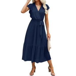 BTFBM Women Summer Bohemian Floral Casual Wrap V Neck Ruffle Cap Sleeveless Belt A-Line Pleated Hem Midi Sun Dress White(Swiss Dot Navy)