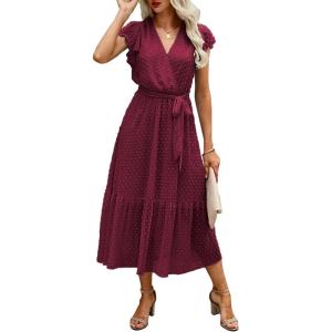 BTFBM Women Summer Bohemian Floral Casual Wrap V Neck Ruffle Cap Sleeveless Belt A-Line Pleated Hem Midi Sun Dress White(Swiss Dot Wine Red)