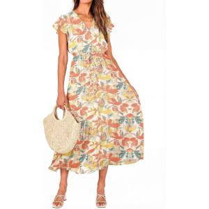 BTFBM Women Summer Bohemian Floral Casual Wrap V Neck Ruffle Cap Sleeveless Belt A-Line Pleated Hem Midi Sun Dress White(White Big Flower)