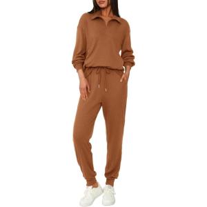 BTFBM Women’s 2 Piece Tracksuit Spring Outfits 2026 Long Sleeve Half Zip Sweatshirt Sweatpants Lounge Set Sweatsuits(Solid Dark Khaki)
