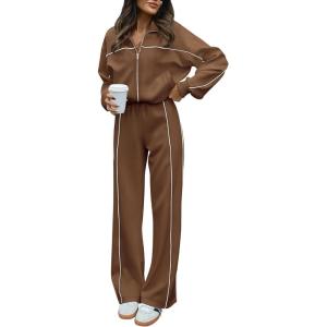 BTFBM Women’s Two Piece Tracksuit Spring 2026 Long Sleeve Zip Up Sweatshirt Long Pants Outfits Jogger Sweatsuit Sets(Brown)
