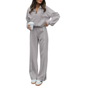 BTFBM Women’s Two Piece Tracksuit Spring 2026 Long Sleeve Zip Up Sweatshirt Long Pants Outfits Jogger Sweatsuit Sets(Grey)