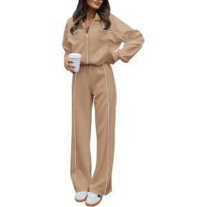 BTFBM Women’s Two Piece Tracksuit Spring 2026 Long Sleeve Zip Up Sweatshirt Long Pants Outfits Jogger Sweatsuit Sets(Khaki)