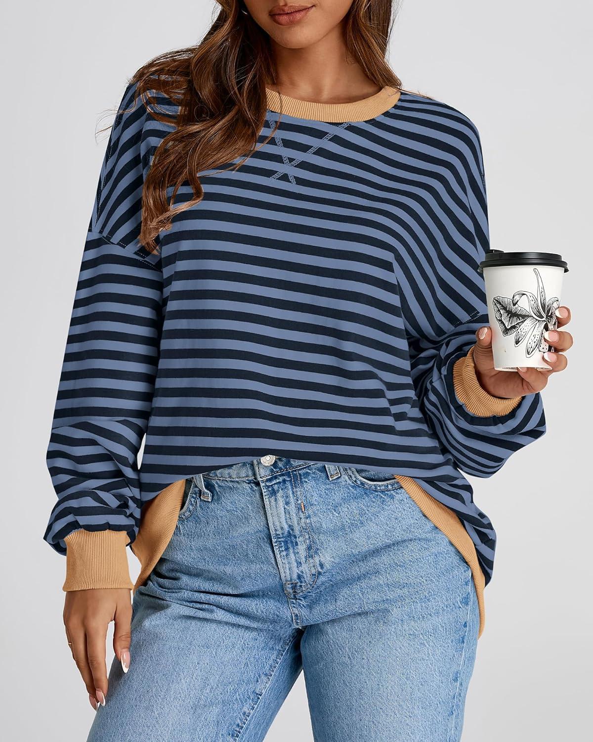 imageBTFBM Womens Oversized Striped Sweatshirt 2026 Spring Crewneck Long Sleeve Pullover Top Casual Y2K Clothes Workout ShirtBlue Navy