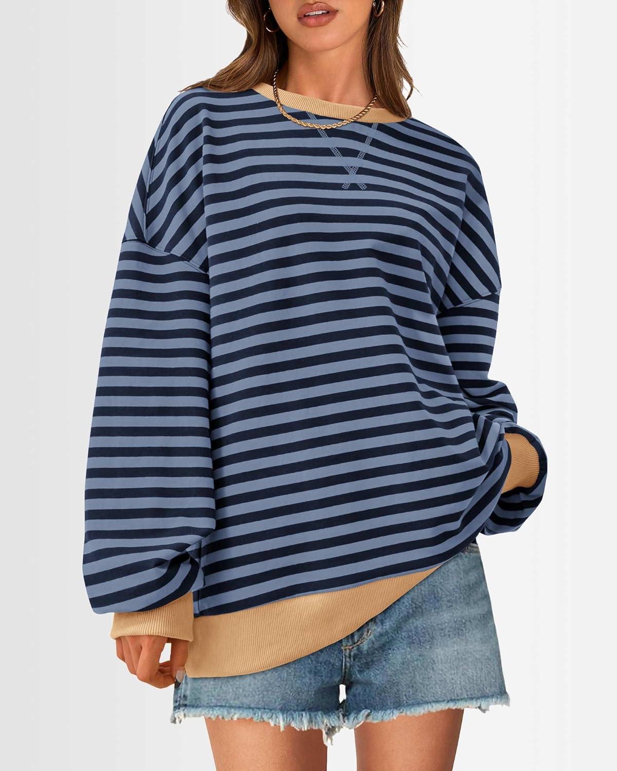 imageBTFBM Womens Oversized Striped Sweatshirt 2026 Spring Crewneck Long Sleeve Pullover Top Casual Y2K Clothes Workout ShirtBlue Navy