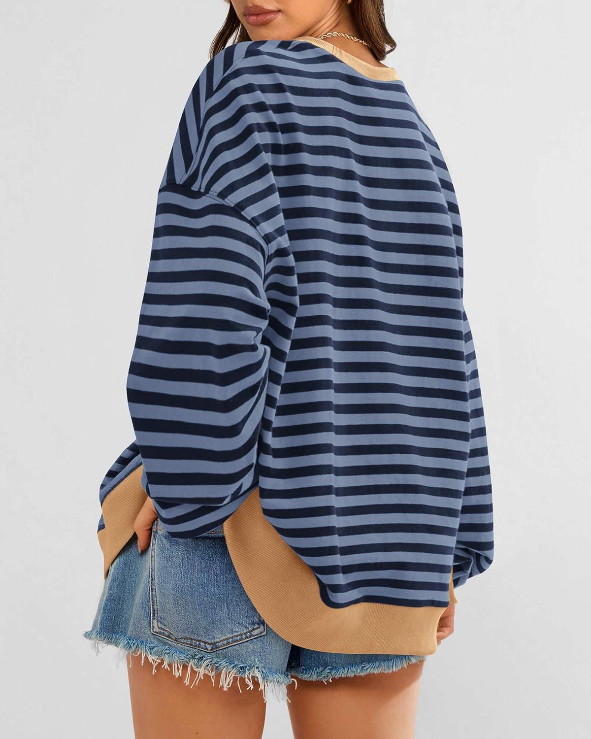 imageBTFBM Womens Oversized Striped Sweatshirt 2026 Spring Crewneck Long Sleeve Pullover Top Casual Y2K Clothes Workout ShirtBlue Navy