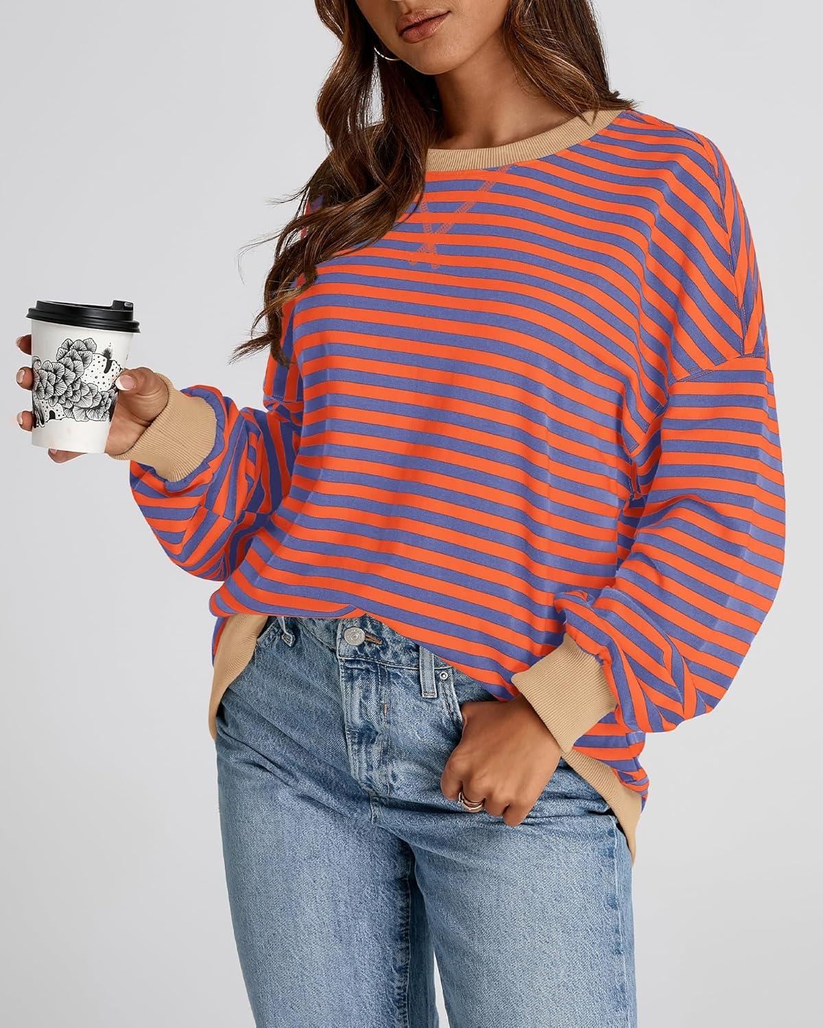 imageBTFBM Womens Oversized Striped Sweatshirt 2026 Spring Crewneck Long Sleeve Pullover Top Casual Y2K Clothes Workout ShirtBlue Orange