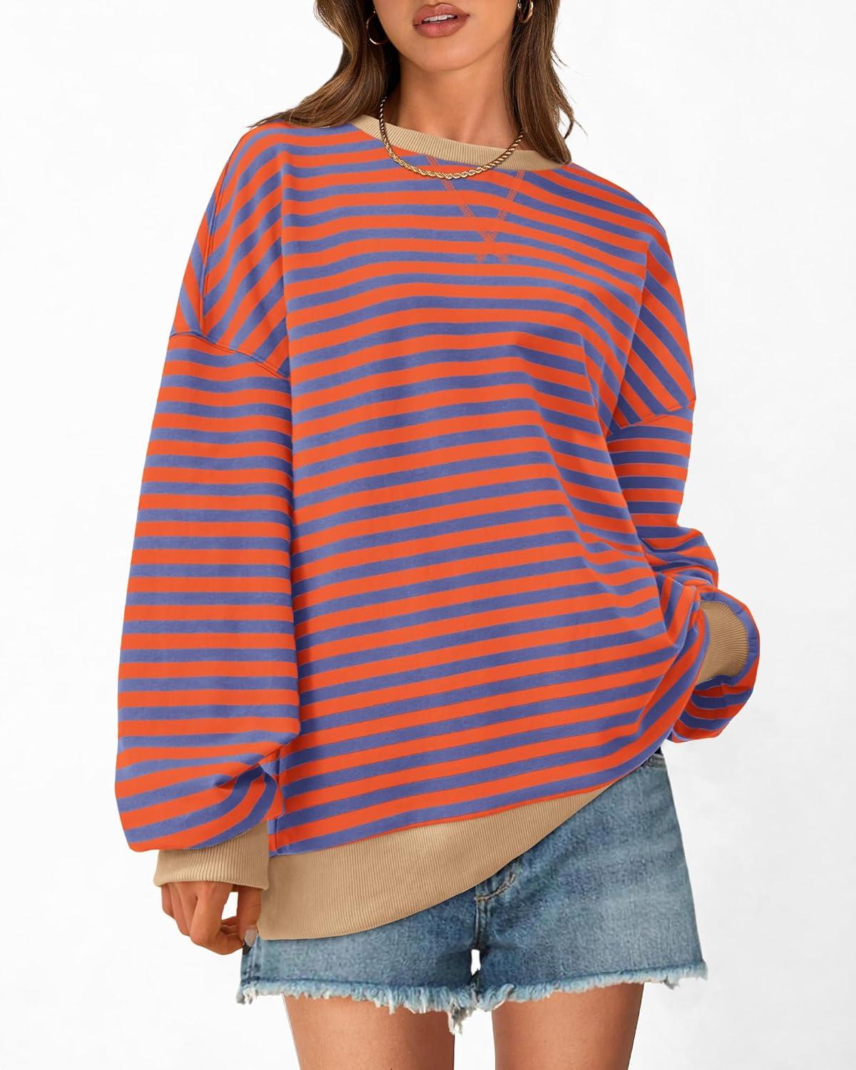 imageBTFBM Womens Oversized Striped Sweatshirt 2026 Spring Crewneck Long Sleeve Pullover Top Casual Y2K Clothes Workout ShirtBlue Orange