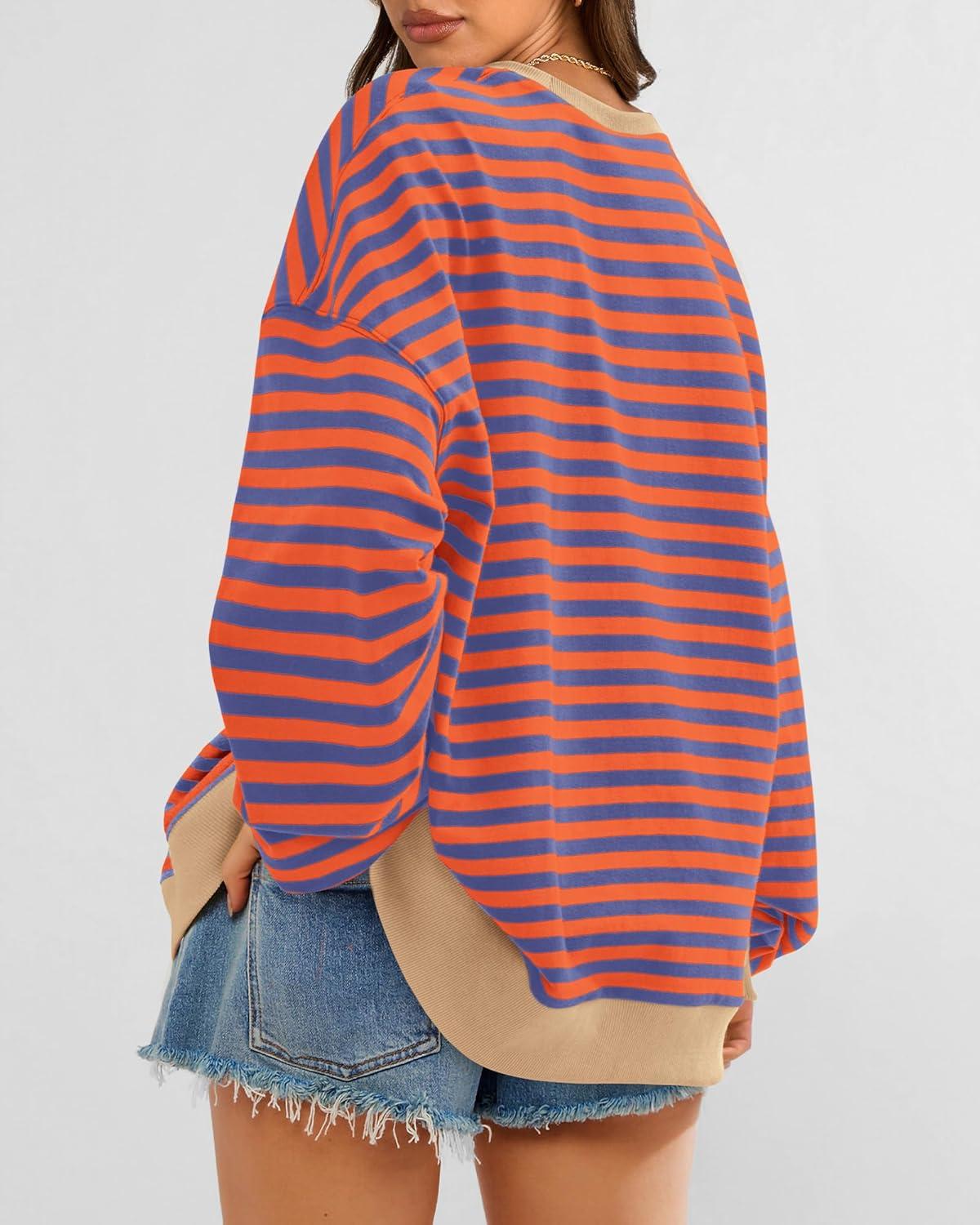 imageBTFBM Womens Oversized Striped Sweatshirt 2026 Spring Crewneck Long Sleeve Pullover Top Casual Y2K Clothes Workout ShirtBlue Orange
