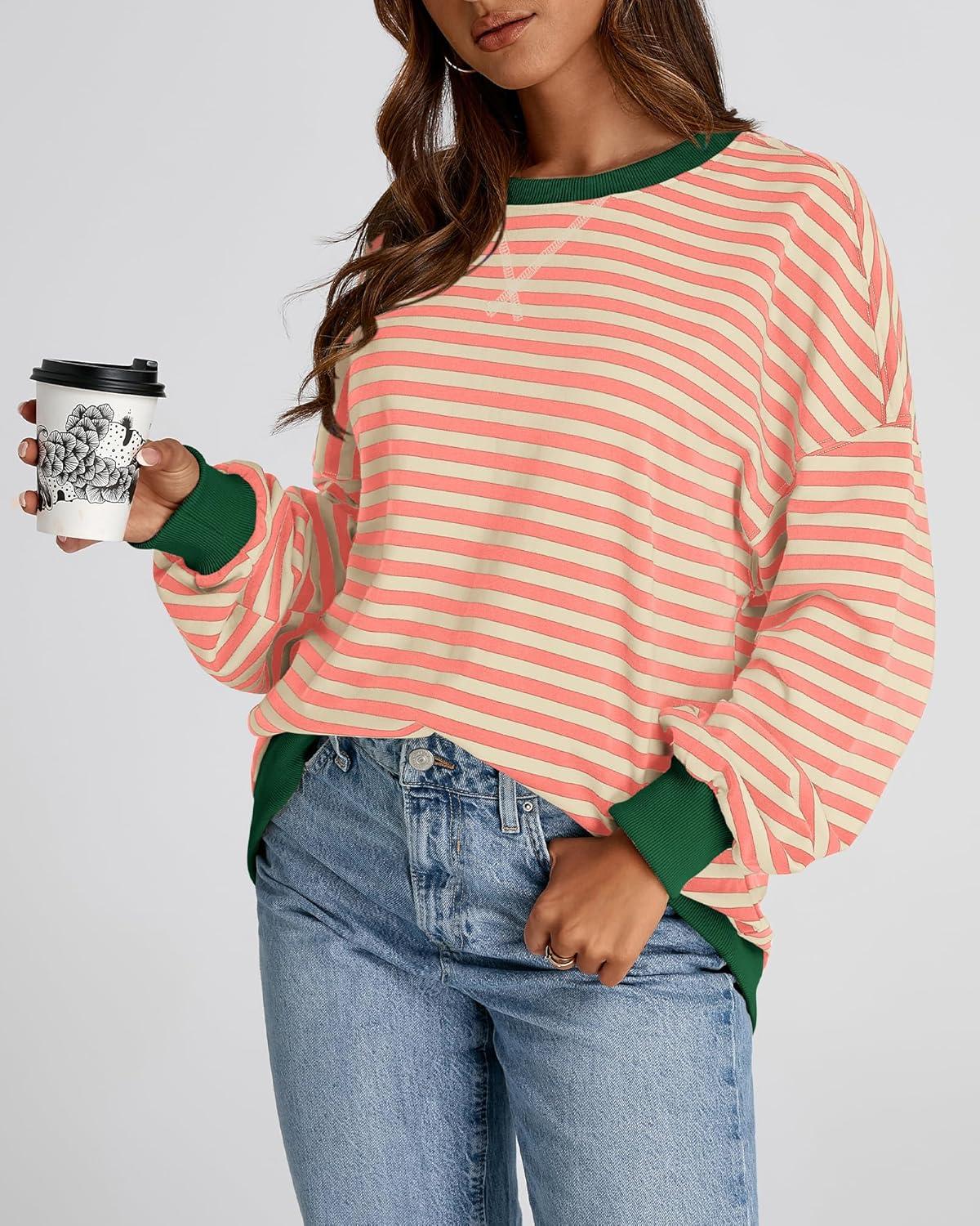 imageBTFBM Womens Oversized Striped Sweatshirt 2026 Spring Crewneck Long Sleeve Pullover Top Casual Y2K Clothes Workout ShirtLight Orange Apricot