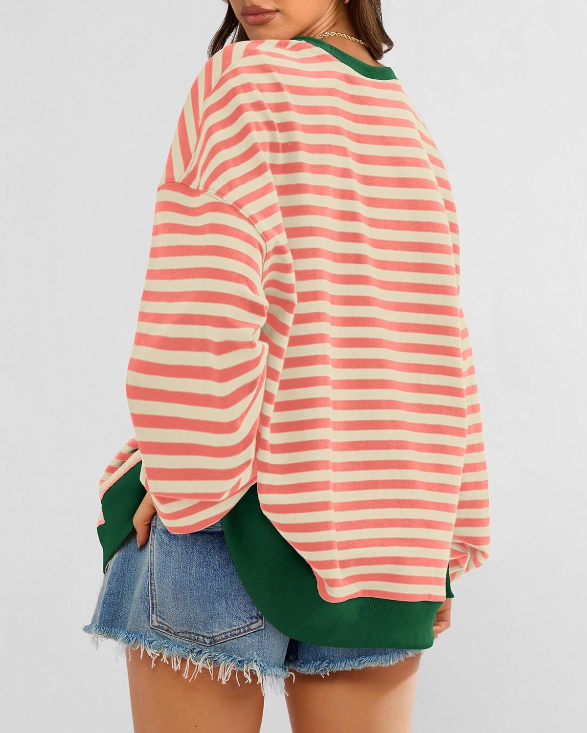 imageBTFBM Womens Oversized Striped Sweatshirt 2026 Spring Crewneck Long Sleeve Pullover Top Casual Y2K Clothes Workout ShirtLight Orange Apricot