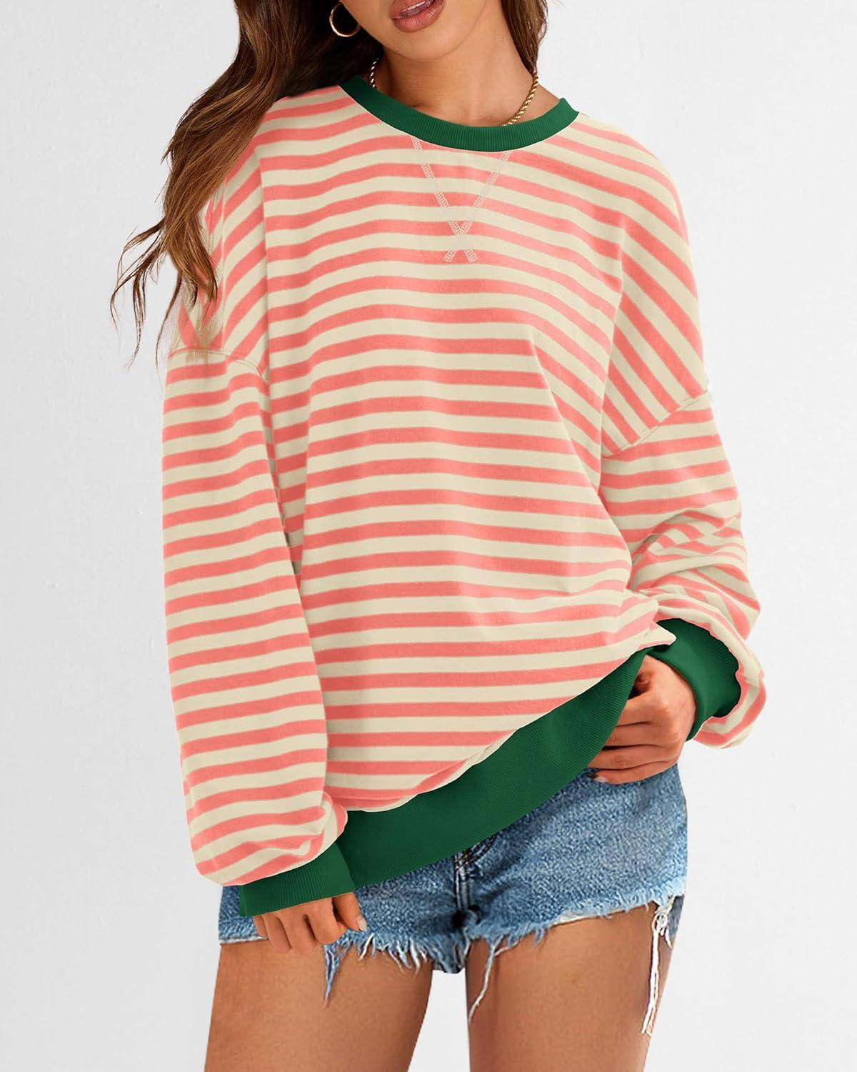 imageBTFBM Womens Oversized Striped Sweatshirt 2026 Spring Crewneck Long Sleeve Pullover Top Casual Y2K Clothes Workout ShirtLight Orange Apricot