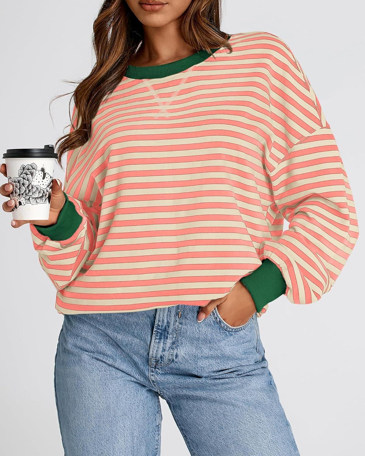 imageBTFBM Womens Oversized Striped Sweatshirt 2026 Spring Crewneck Long Sleeve Pullover Top Casual Y2K Clothes Workout ShirtLight Orange Apricot