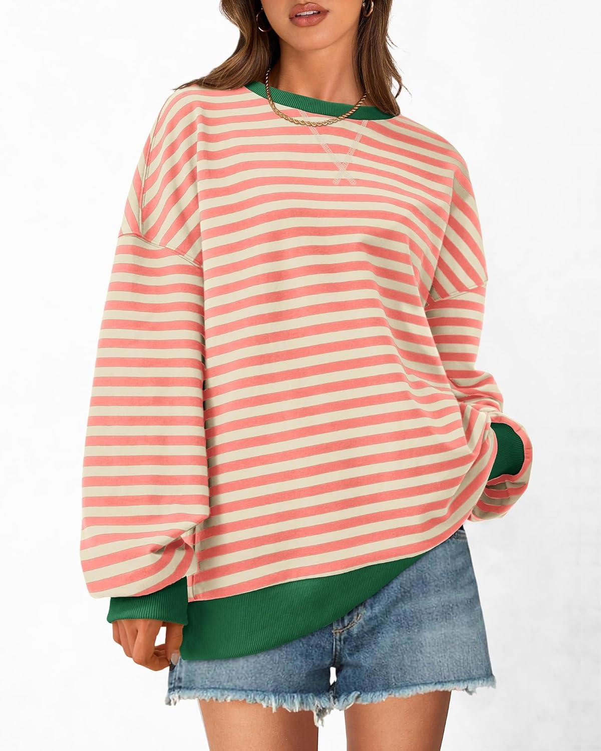 imageBTFBM Womens Oversized Striped Sweatshirt 2026 Spring Crewneck Long Sleeve Pullover Top Casual Y2K Clothes Workout ShirtLight Orange Apricot