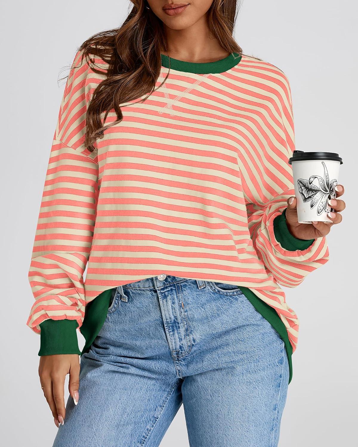 imageBTFBM Womens Oversized Striped Sweatshirt 2026 Spring Crewneck Long Sleeve Pullover Top Casual Y2K Clothes Workout ShirtLight Orange Apricot