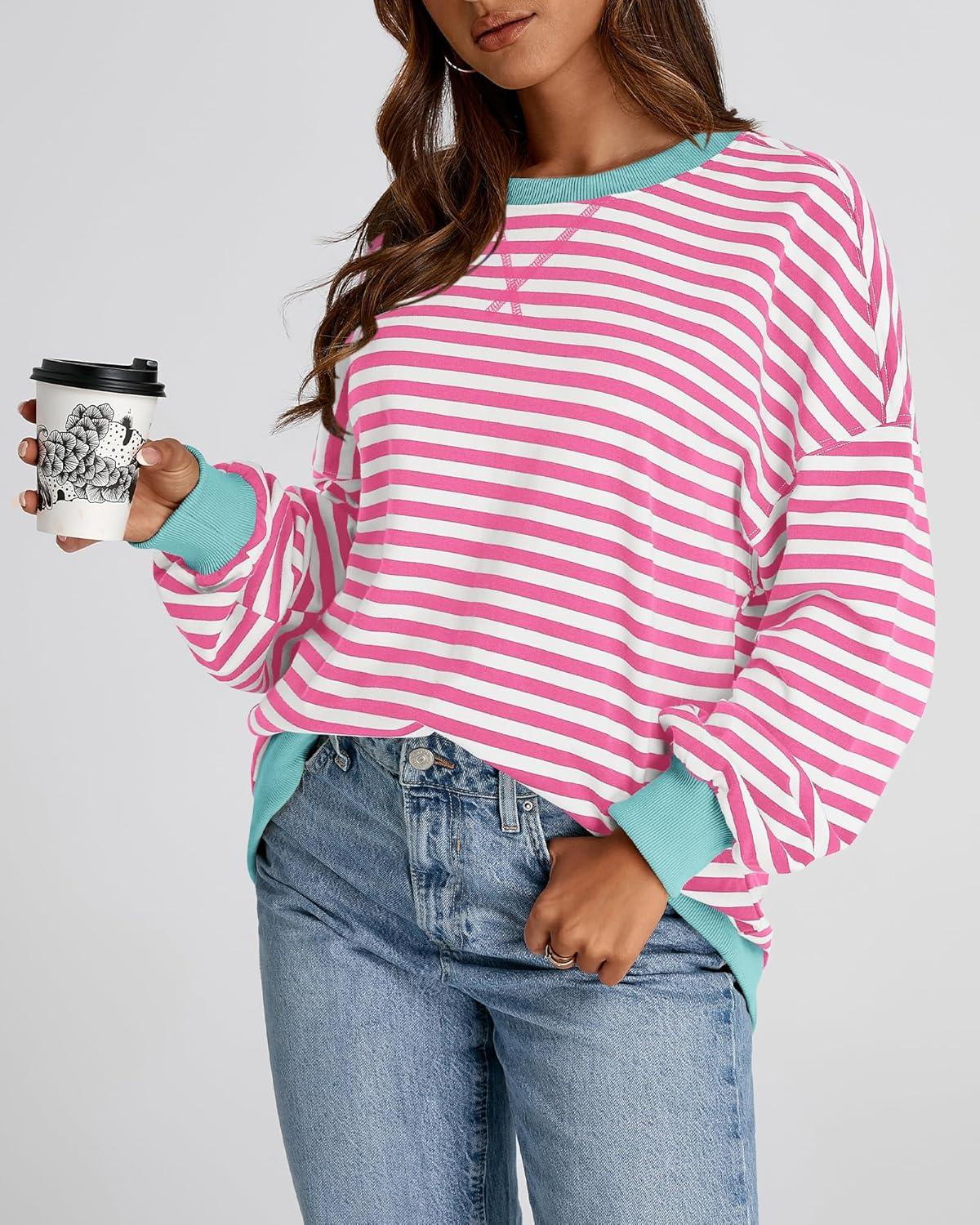 imageBTFBM Womens Oversized Striped Sweatshirt 2026 Spring Crewneck Long Sleeve Pullover Top Casual Y2K Clothes Workout ShirtPink White