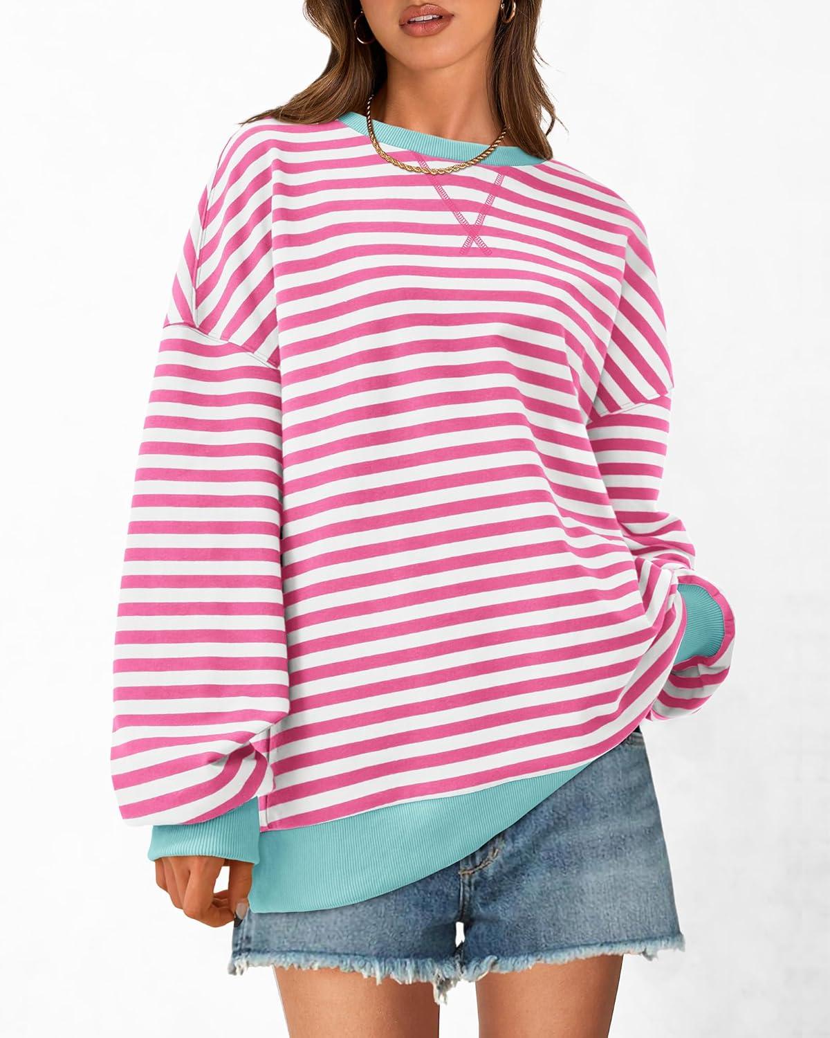 imageBTFBM Womens Oversized Striped Sweatshirt 2026 Spring Crewneck Long Sleeve Pullover Top Casual Y2K Clothes Workout ShirtPink White
