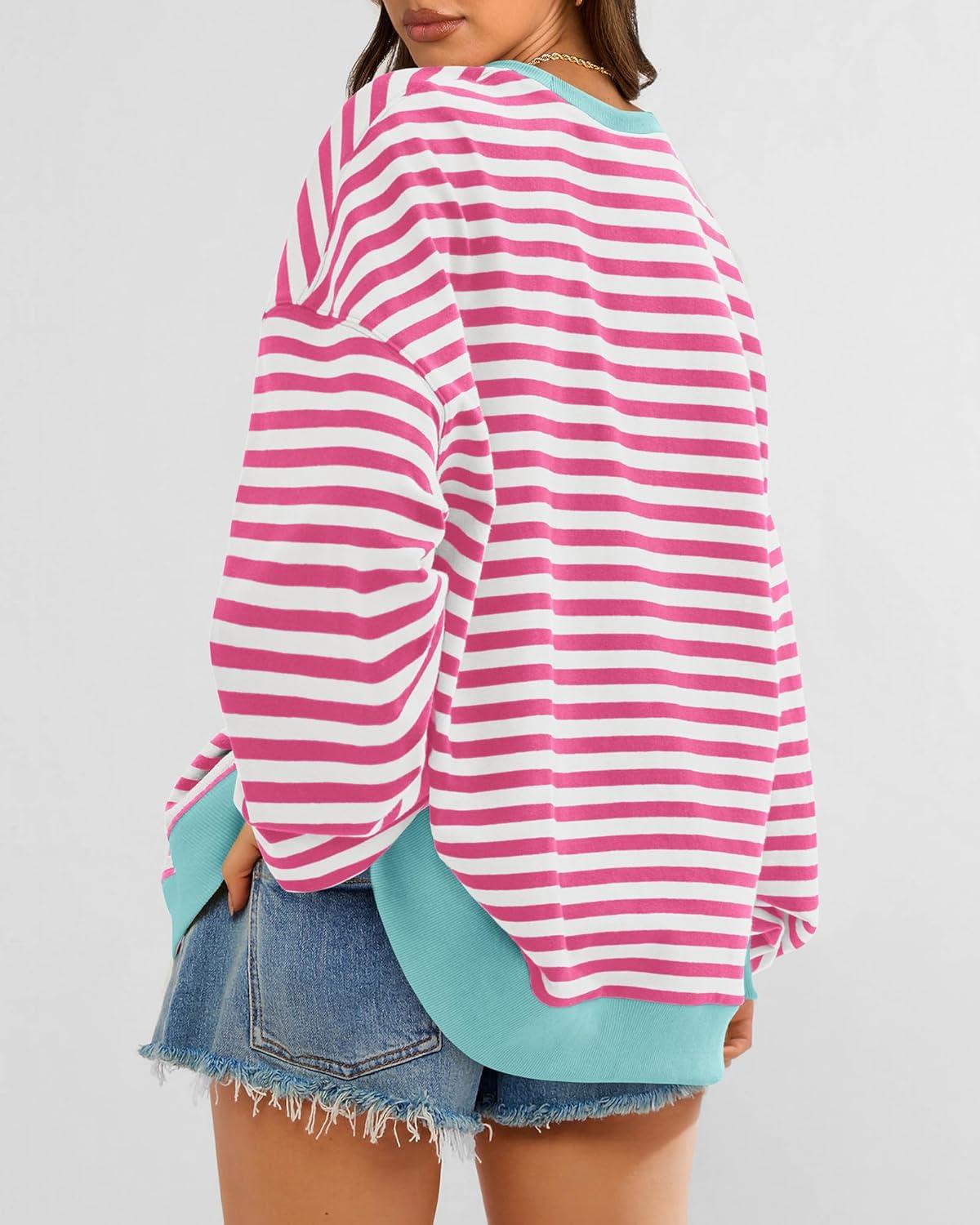 imageBTFBM Womens Oversized Striped Sweatshirt 2026 Spring Crewneck Long Sleeve Pullover Top Casual Y2K Clothes Workout ShirtPink White