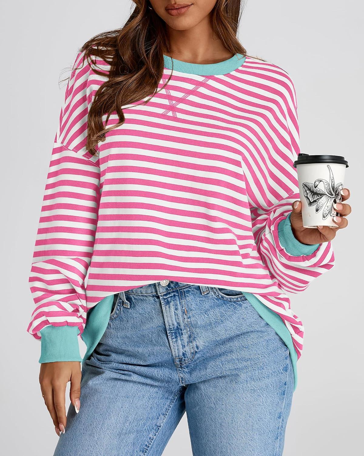 imageBTFBM Womens Oversized Striped Sweatshirt 2026 Spring Crewneck Long Sleeve Pullover Top Casual Y2K Clothes Workout ShirtPink White
