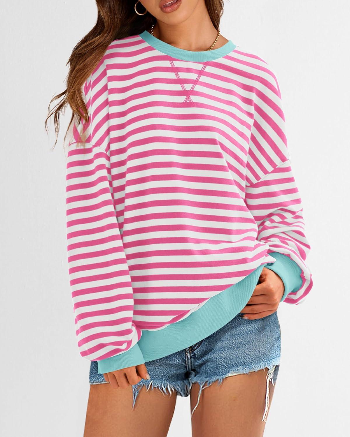 imageBTFBM Womens Oversized Striped Sweatshirt 2026 Spring Crewneck Long Sleeve Pullover Top Casual Y2K Clothes Workout ShirtPink White
