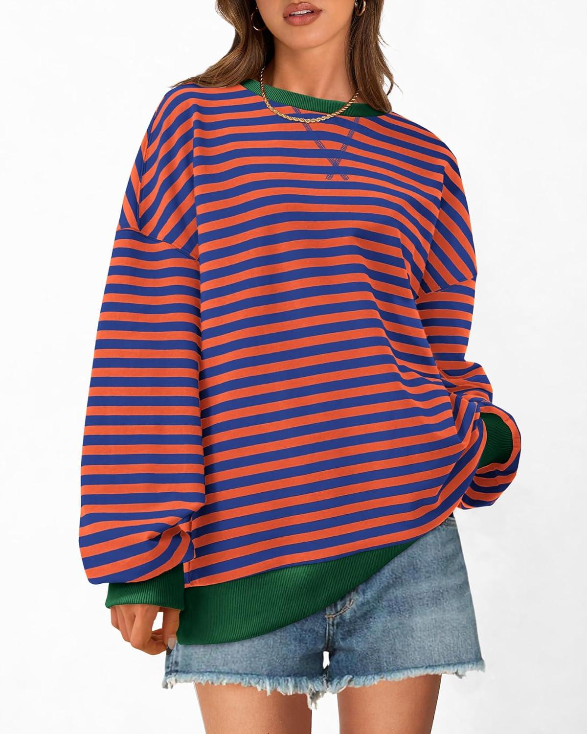 imageBTFBM Womens Oversized Striped Sweatshirt 2026 Spring Crewneck Long Sleeve Pullover Top Casual Y2K Clothes Workout ShirtRoyal Blue Orange