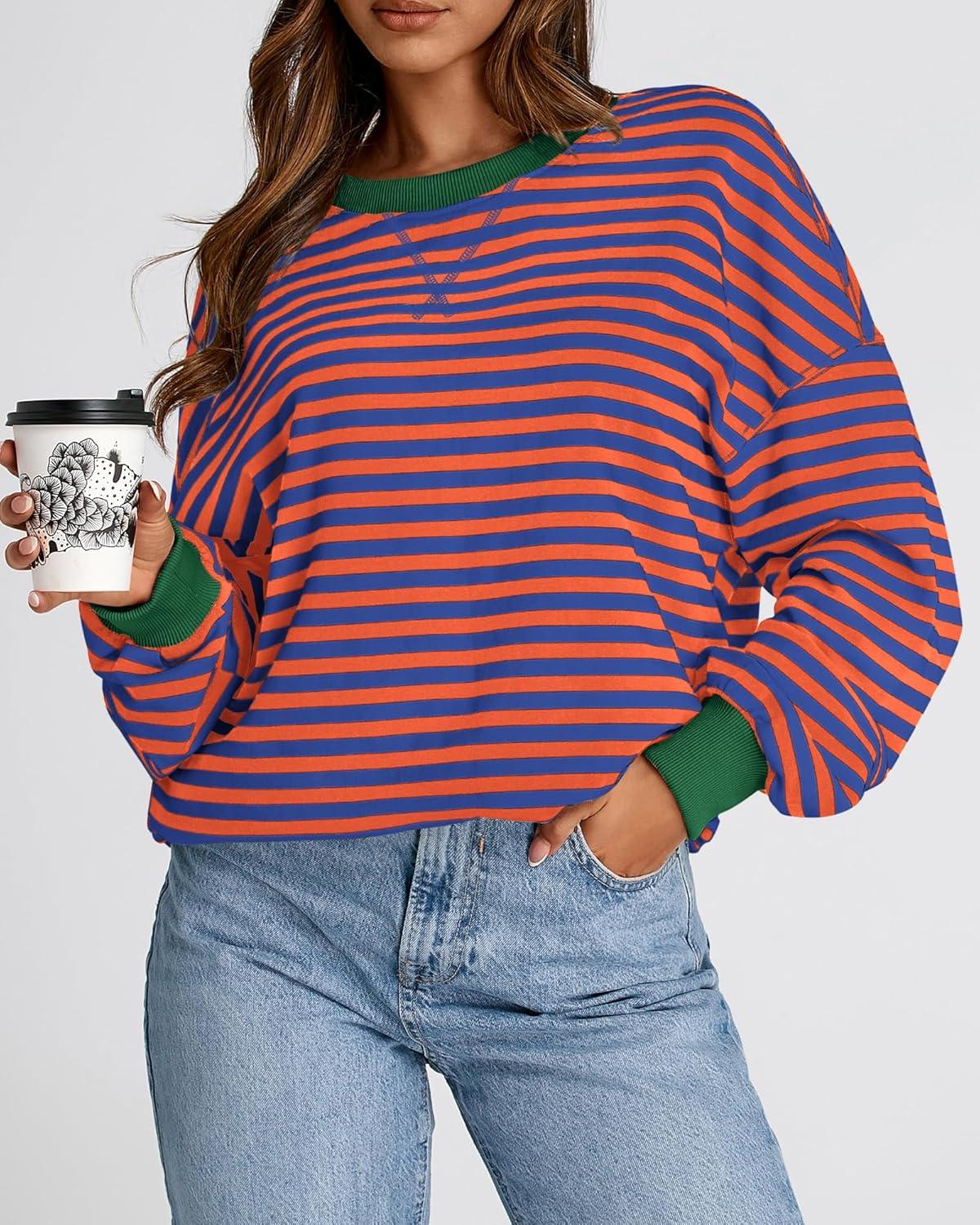 imageBTFBM Womens Oversized Striped Sweatshirt 2026 Spring Crewneck Long Sleeve Pullover Top Casual Y2K Clothes Workout ShirtRoyal Blue Orange