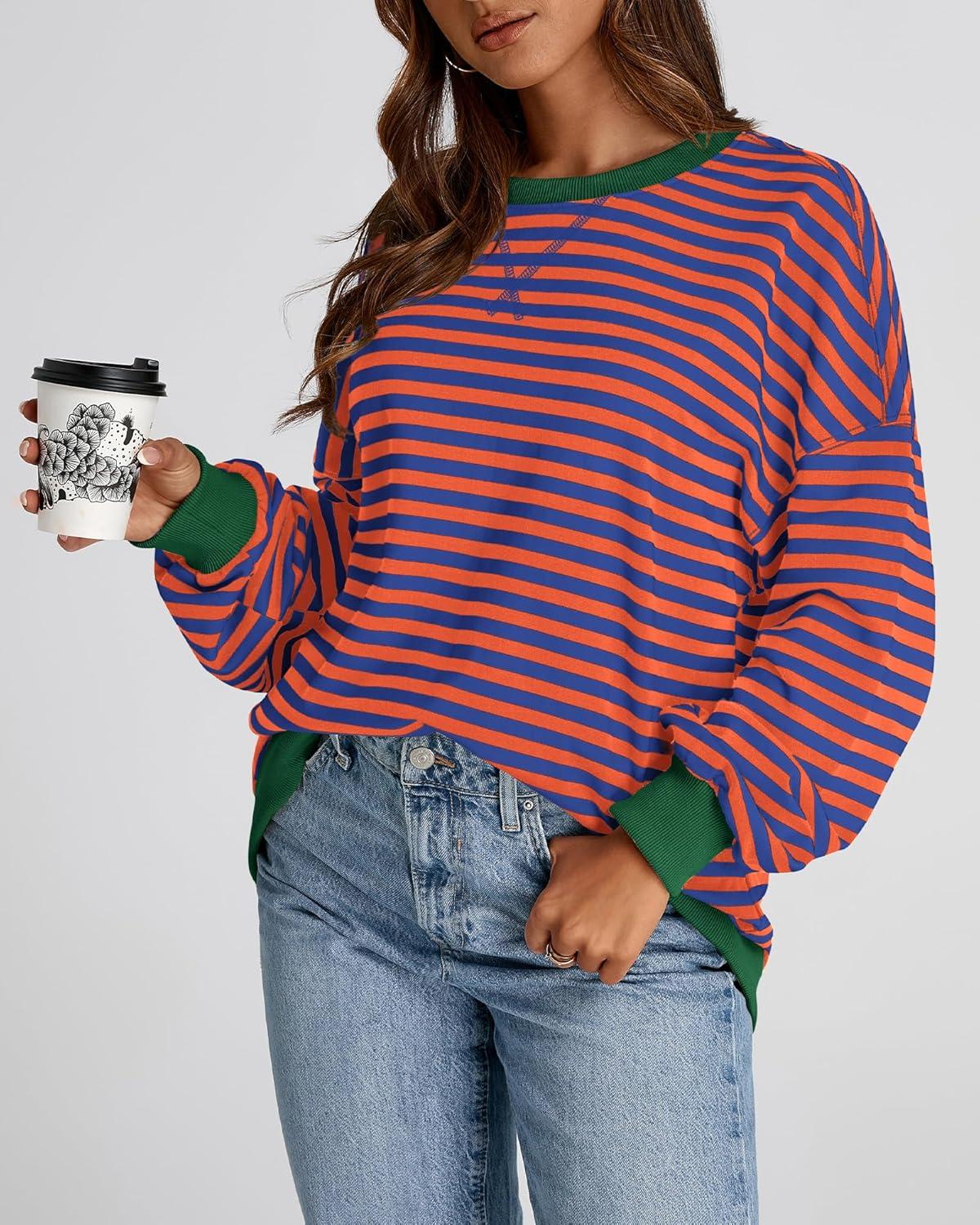 imageBTFBM Womens Oversized Striped Sweatshirt 2026 Spring Crewneck Long Sleeve Pullover Top Casual Y2K Clothes Workout ShirtRoyal Blue Orange