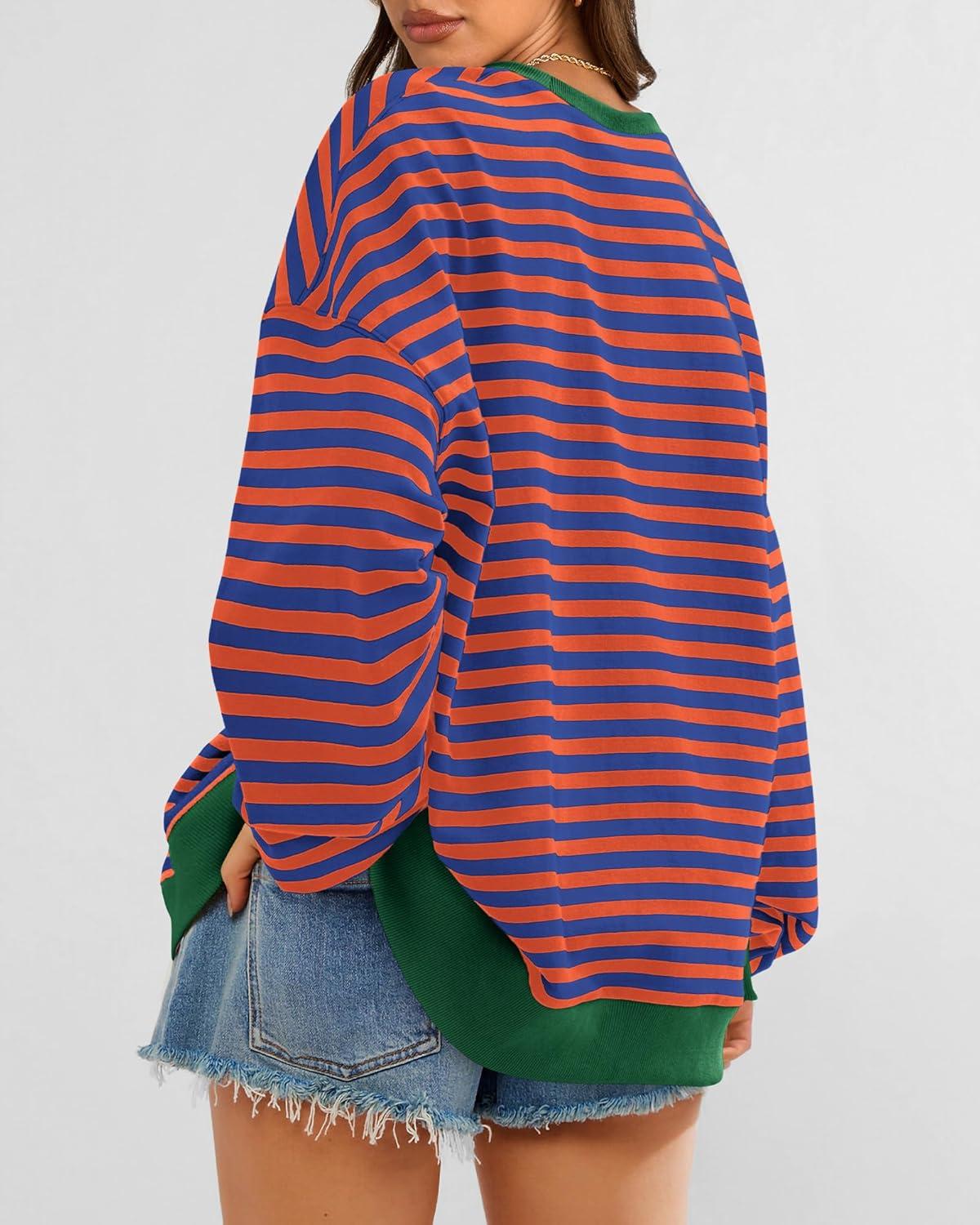 imageBTFBM Womens Oversized Striped Sweatshirt 2026 Spring Crewneck Long Sleeve Pullover Top Casual Y2K Clothes Workout ShirtRoyal Blue Orange