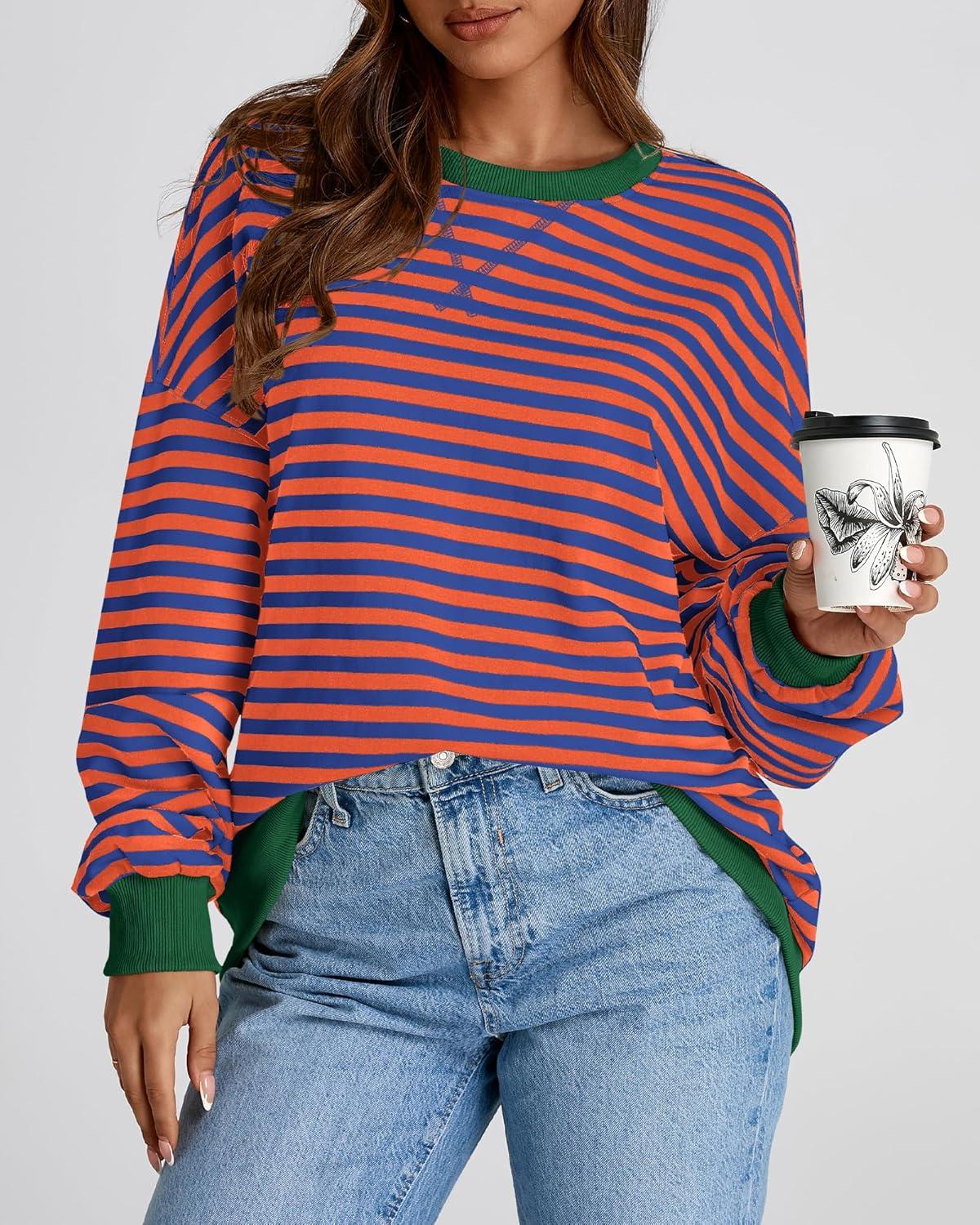 imageBTFBM Womens Oversized Striped Sweatshirt 2026 Spring Crewneck Long Sleeve Pullover Top Casual Y2K Clothes Workout ShirtRoyal Blue Orange
