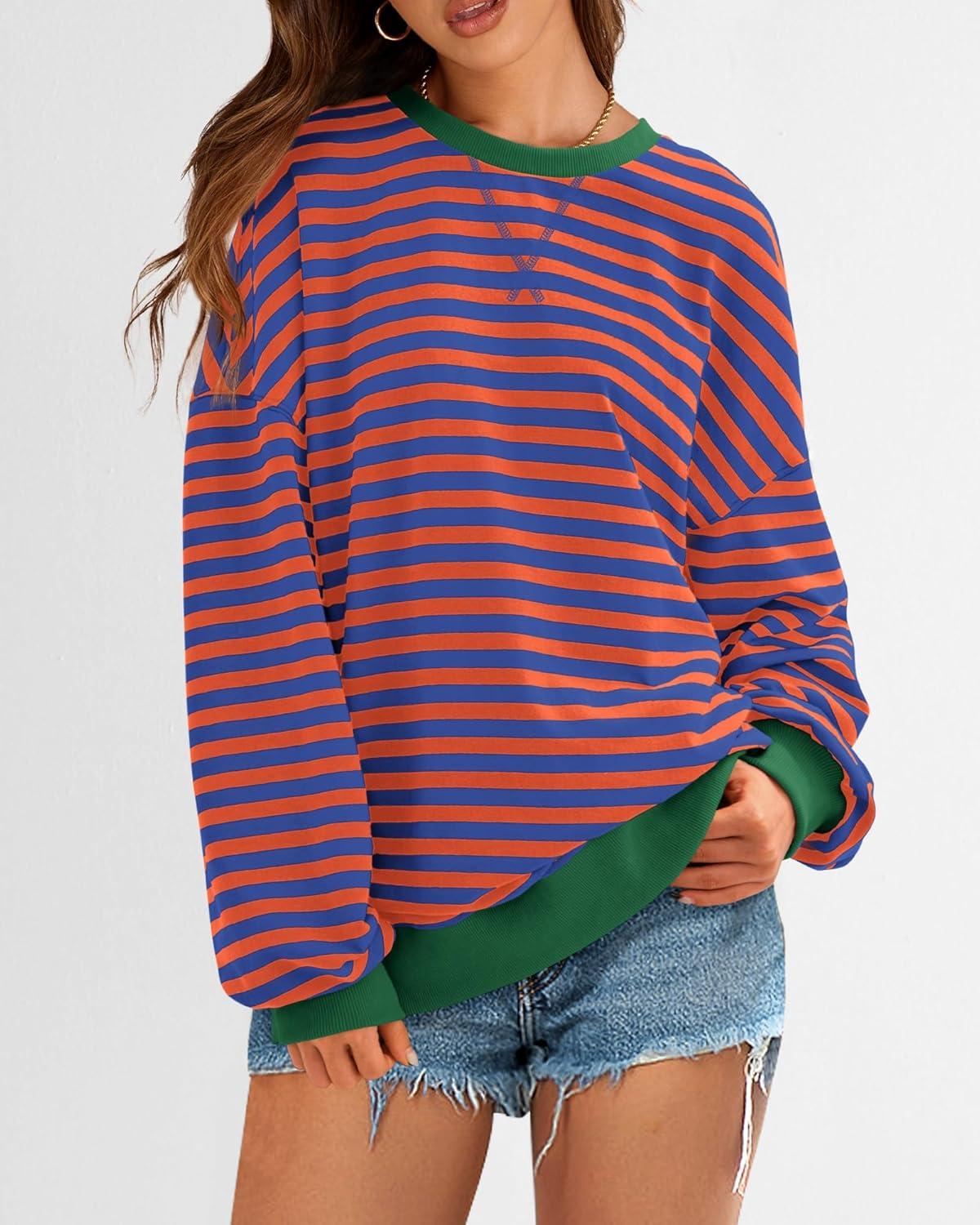 imageBTFBM Womens Oversized Striped Sweatshirt 2026 Spring Crewneck Long Sleeve Pullover Top Casual Y2K Clothes Workout ShirtRoyal Blue Orange