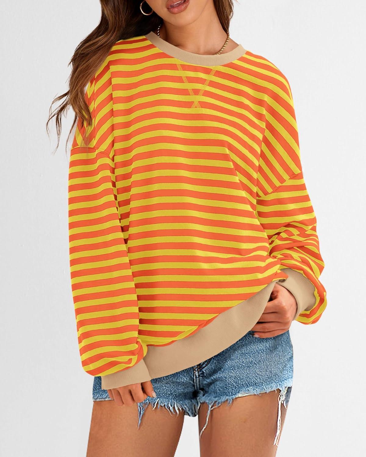 imageBTFBM Womens Oversized Striped Sweatshirt 2026 Spring Crewneck Long Sleeve Pullover Top Casual Y2K Clothes Workout ShirtYellow Orange