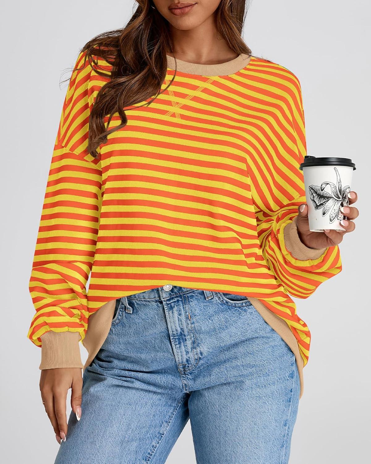 imageBTFBM Womens Oversized Striped Sweatshirt 2026 Spring Crewneck Long Sleeve Pullover Top Casual Y2K Clothes Workout ShirtYellow Orange