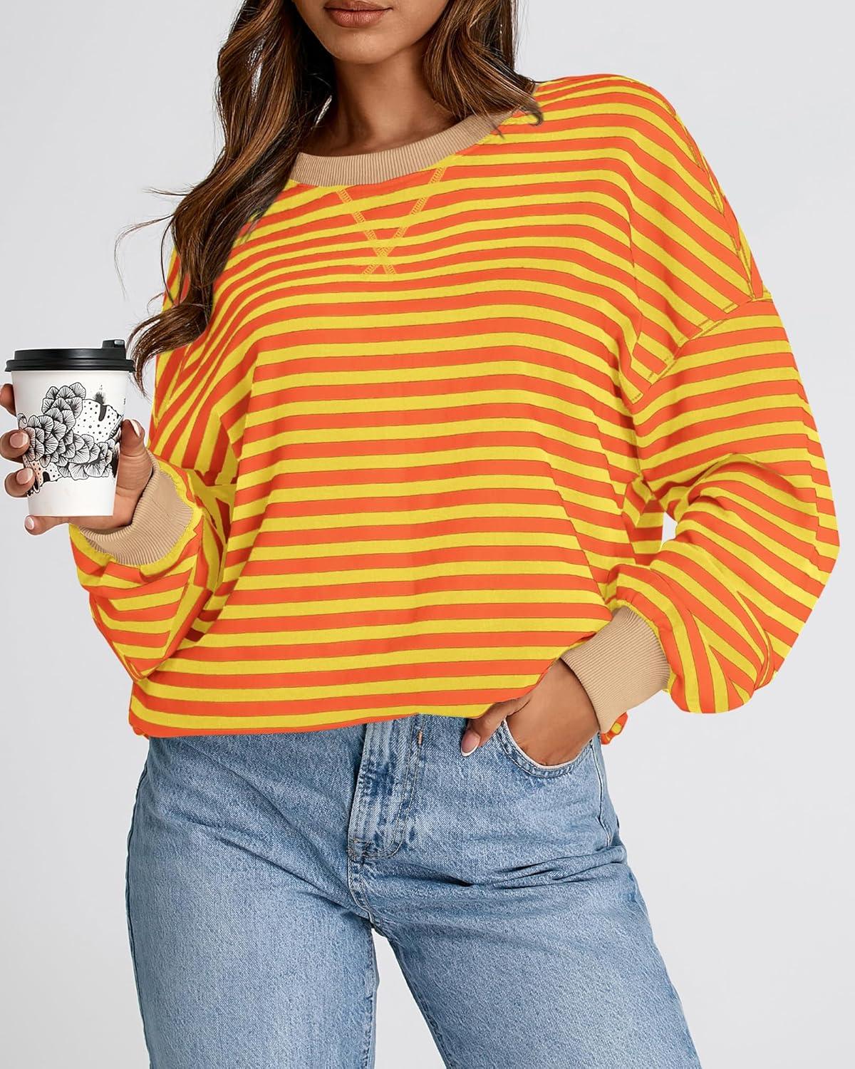 imageBTFBM Womens Oversized Striped Sweatshirt 2026 Spring Crewneck Long Sleeve Pullover Top Casual Y2K Clothes Workout ShirtYellow Orange