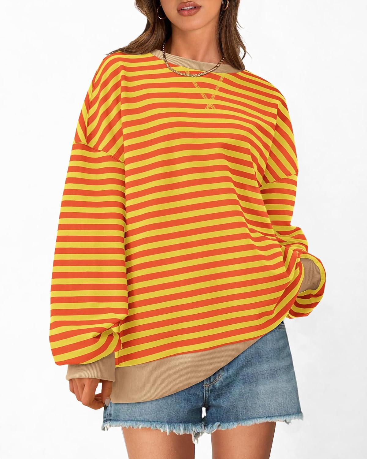 imageBTFBM Womens Oversized Striped Sweatshirt 2026 Spring Crewneck Long Sleeve Pullover Top Casual Y2K Clothes Workout ShirtYellow Orange