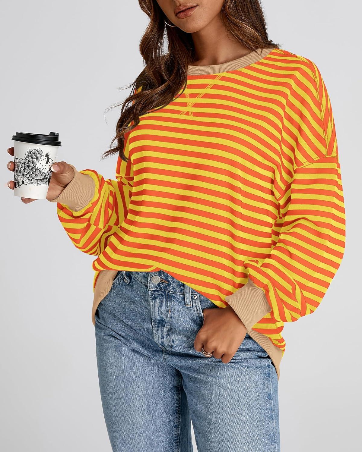 imageBTFBM Womens Oversized Striped Sweatshirt 2026 Spring Crewneck Long Sleeve Pullover Top Casual Y2K Clothes Workout ShirtYellow Orange