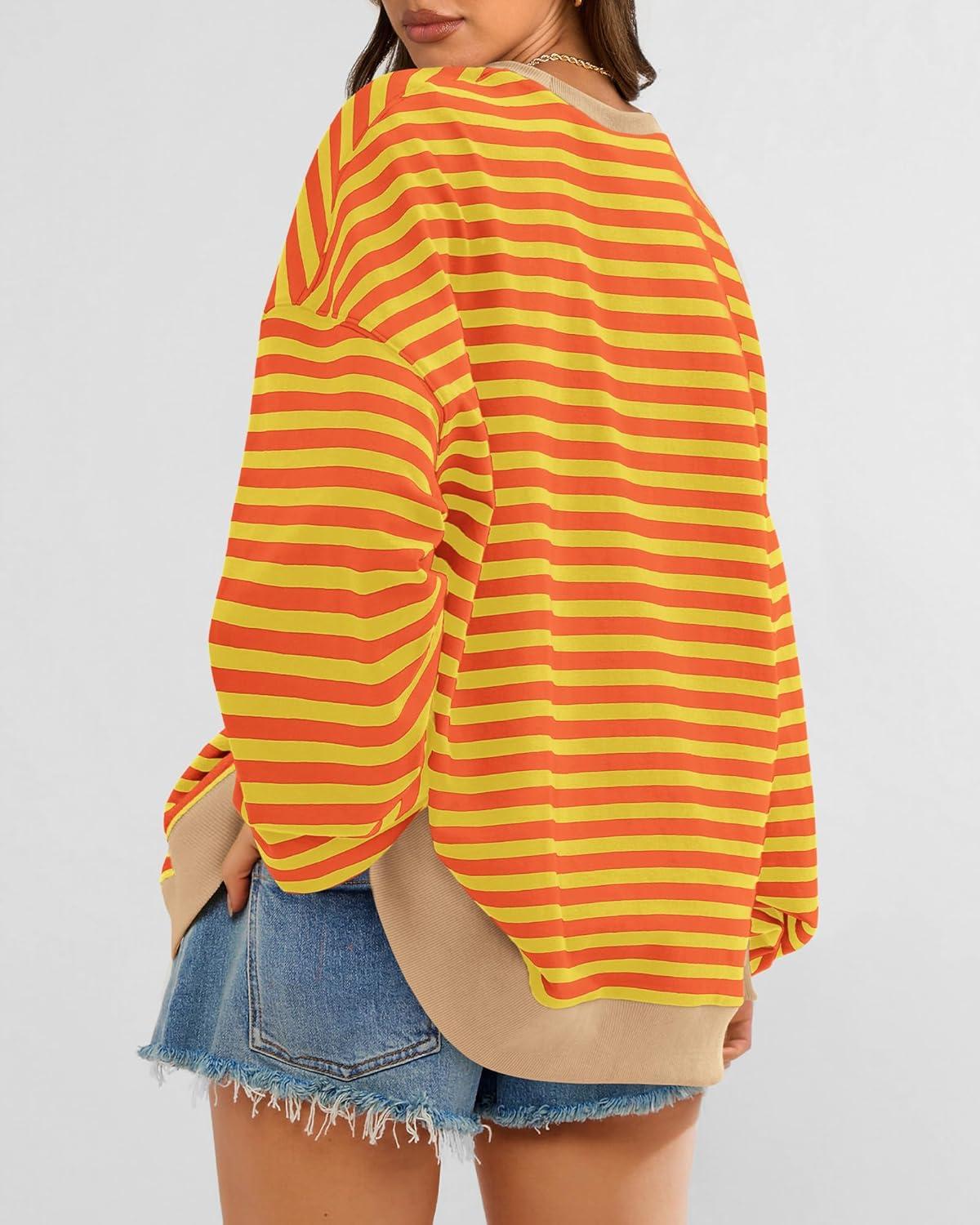 imageBTFBM Womens Oversized Striped Sweatshirt 2026 Spring Crewneck Long Sleeve Pullover Top Casual Y2K Clothes Workout ShirtYellow Orange
