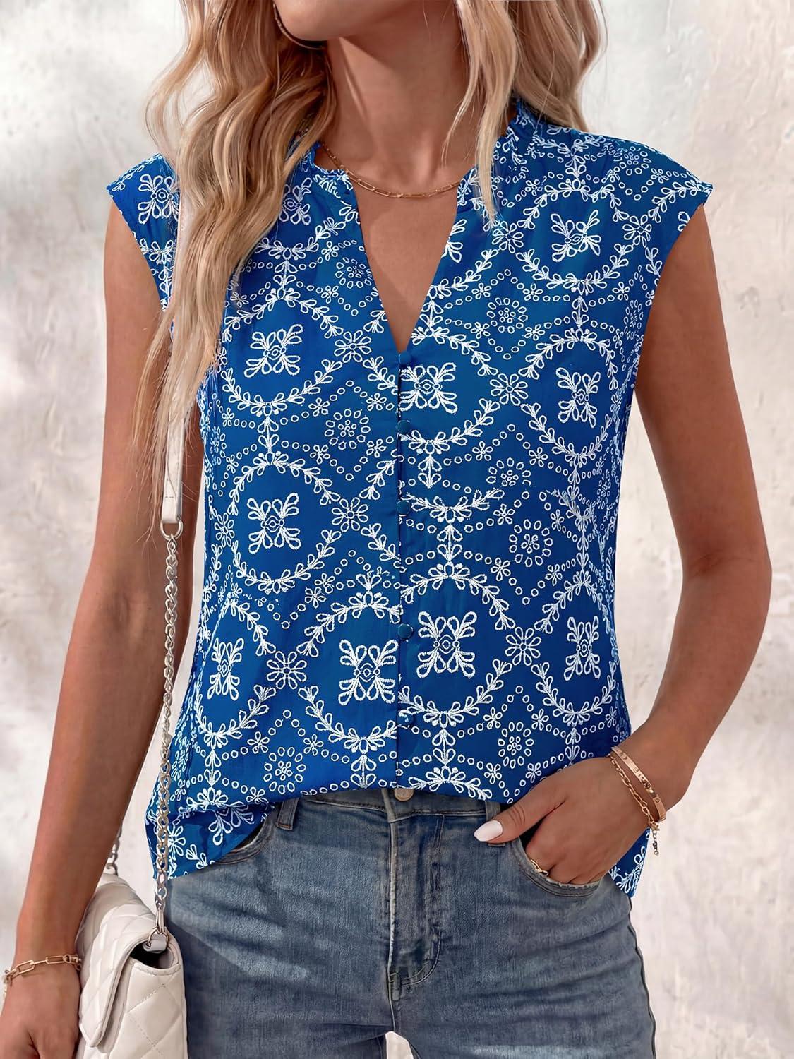 imageBTFBM Womens Summer Tops Dressy Casual 2026 Floral Eyelet Sleeveless Button Down Shirts Boho Beach Vacation OutfitsBlue