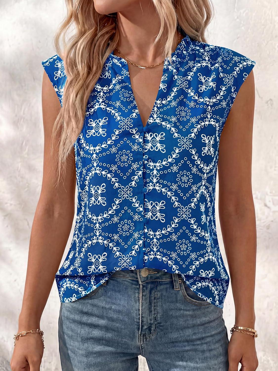 imageBTFBM Womens Summer Tops Dressy Casual 2026 Floral Eyelet Sleeveless Button Down Shirts Boho Beach Vacation OutfitsBlue