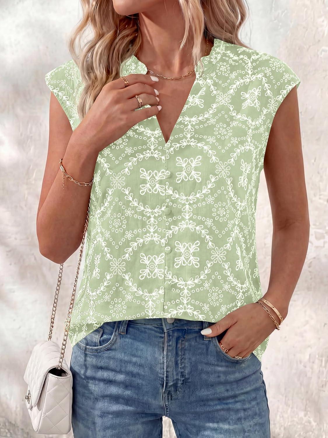 imageBTFBM Womens Summer Tops Dressy Casual 2026 Floral Eyelet Sleeveless Button Down Shirts Boho Beach Vacation OutfitsLight Green