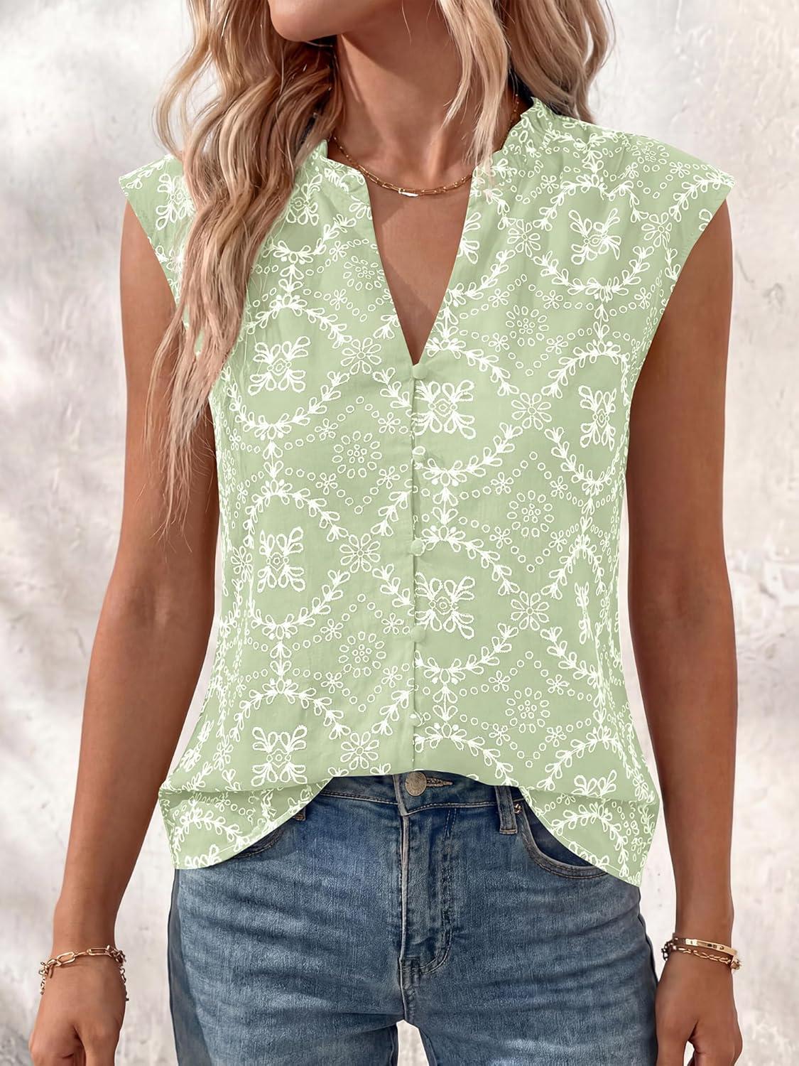 imageBTFBM Womens Summer Tops Dressy Casual 2026 Floral Eyelet Sleeveless Button Down Shirts Boho Beach Vacation OutfitsLight Green