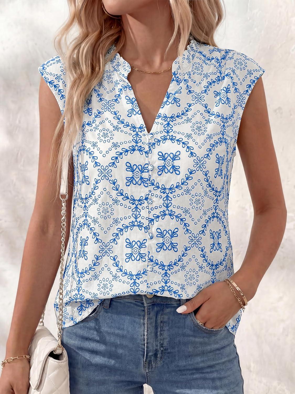 imageBTFBM Womens Summer Tops Dressy Casual 2026 Floral Eyelet Sleeveless Button Down Shirts Boho Beach Vacation OutfitsWhite Blue Flower