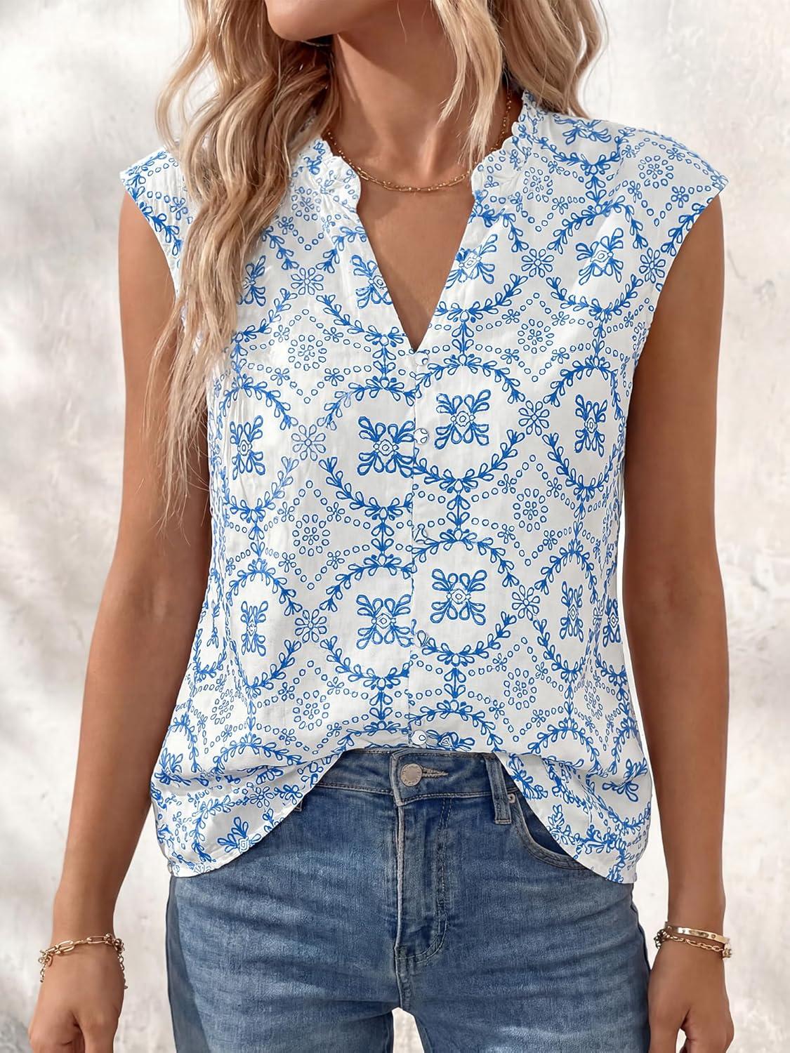 imageBTFBM Womens Summer Tops Dressy Casual 2026 Floral Eyelet Sleeveless Button Down Shirts Boho Beach Vacation OutfitsWhite Blue Flower