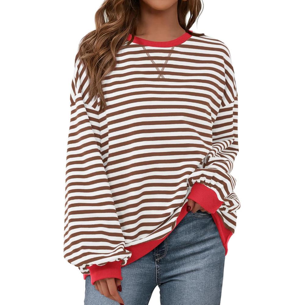 imageBTFBM Womens Oversized Striped Sweatshirt 2026 Spring Crewneck Long Sleeve Pullover Top Casual Y2K Clothes Workout ShirtBrown White